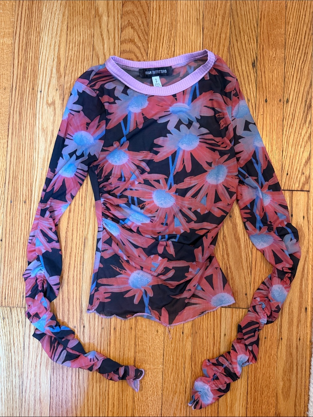 Urban Outfitters Pink Floral Mesh Long-Sleeve Top